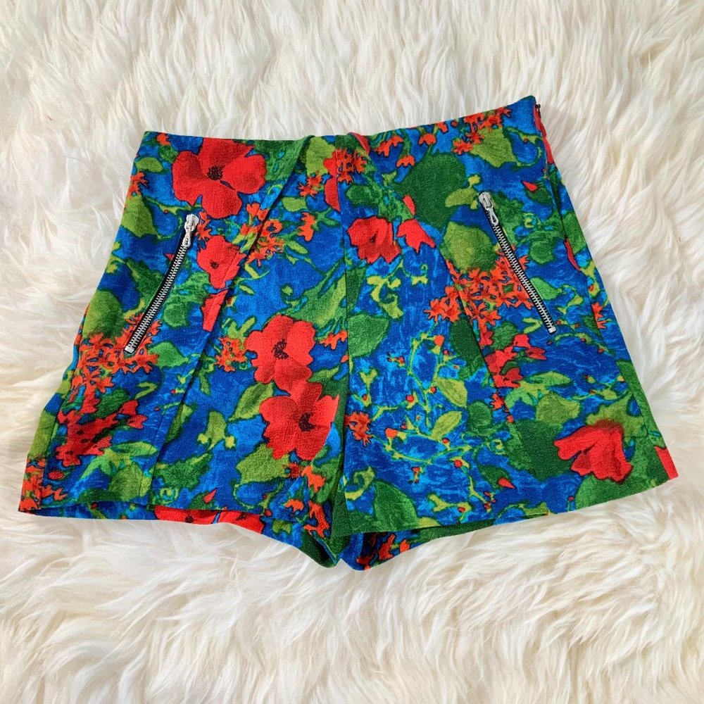 VGUC ZARA Jacquard High Waist Floral Zipper Pocket Shorts Blue Green Siz…